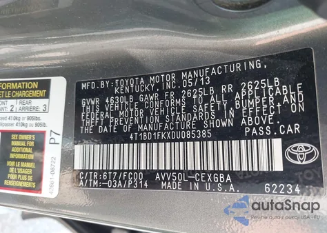 2013 Toyota Camry Hybrid Xle из США, поврежденный, VIN 4T1BD1FKXDU085385